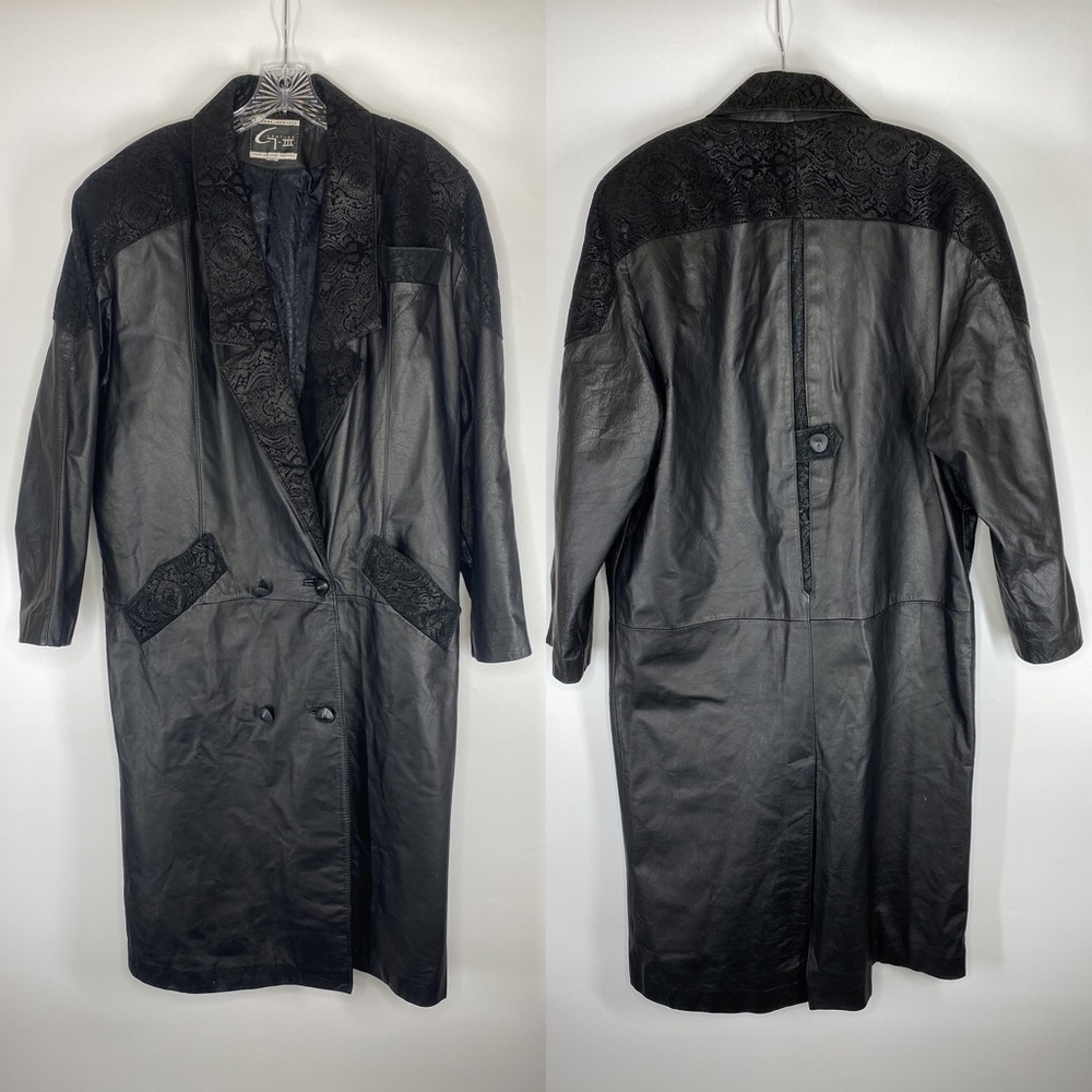 Vintage Global Identity Leather Trench Coat Paisley Trim Size Medium 80s